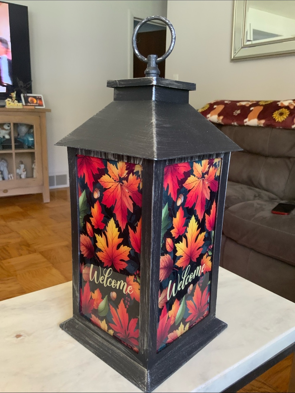 Autumn Leaf 'Welcome' Decorative Lantern - Black Frame